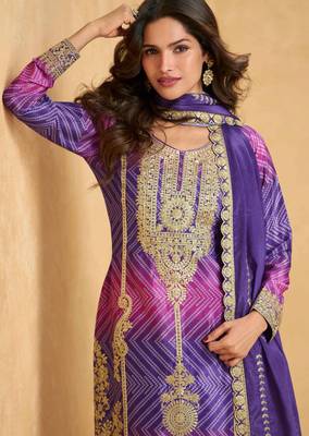 Purple & rani pink embroidery & sequins printed chinnon silk straight palazzo suit-free size stitching (size upto 42") 2