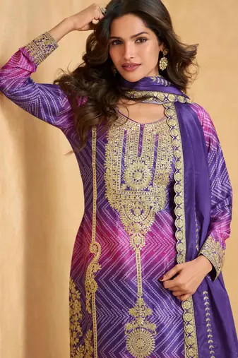 Purple & rani pink embroidery & sequins printed chinnon silk straight palazzo suit-free size stitching (size upto 42")