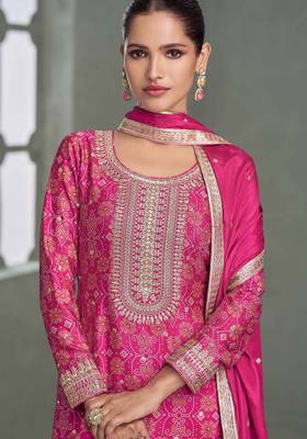 Pink embroidery, zari & printed work chinnon silk straight palazzo suit-free size stitching (size upto 42") 2