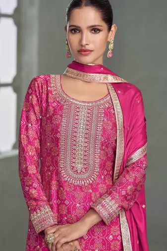 Pink embroidery, zari & printed work chinnon silk straight palazzo suit-free size stitching (size upto 42")