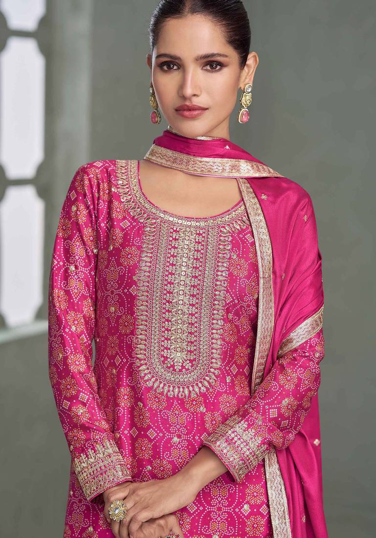 Pink embroidery, zari & printed work chinnon silk straight palazzo suit-free size stitching (size upto 42")