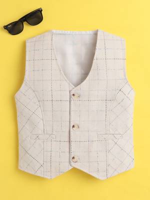 Beige cotton woven sleeveless checks waistcoat 1