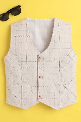 Beige cotton woven sleeveless checks waistcoat