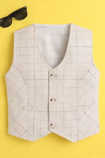 Beige cotton woven sleeveless checks waistcoat