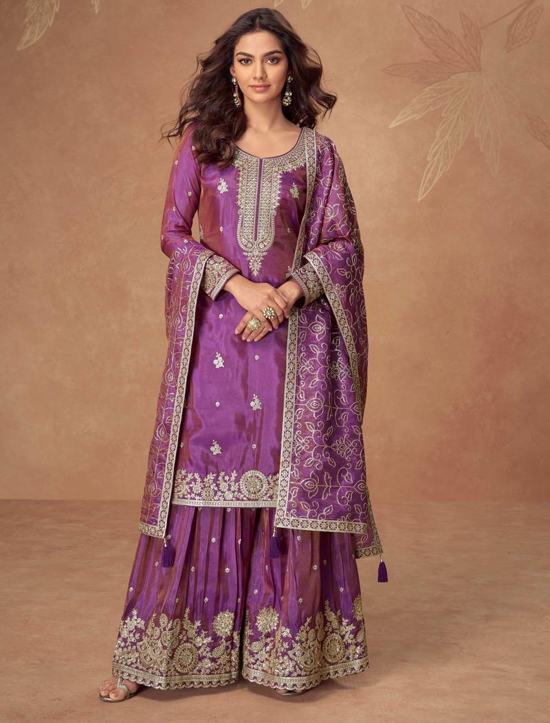 Purple zari embroidery & sequins work simar silk straight palazzo suit-free size stitching (size upto 42")