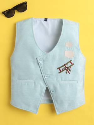 Sky blue velvet woven sleeveless embriodered waistcoat 1