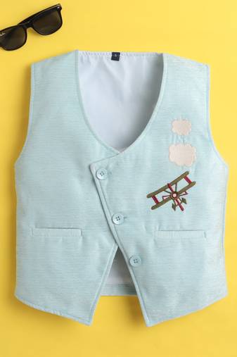 Sky blue velvet woven sleeveless embriodered waistcoat