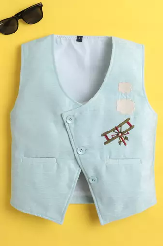 Sky blue velvet woven sleeveless embriodered waistcoat