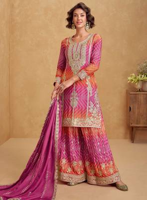 Pink & orange pink embroidery & sequins printed chinnon silk straight palazzo suit-free size stitching (size upto 42") 1