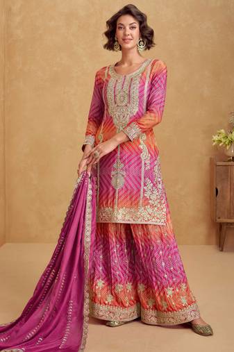 Pink & orange pink embroidery & sequins printed chinnon silk straight palazzo suit-free size stitching (size upto 42")