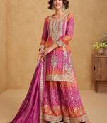 Pink & orange pink embroidery & sequins printed chinnon silk straight palazzo suit-free size stitching (size upto 42")