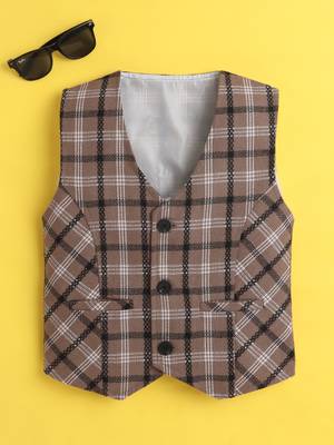 Brown cotton woven sleeveless checks waistcoat 1