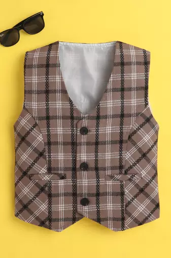 Brown cotton woven sleeveless checks waistcoat