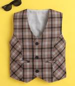 Brown cotton woven sleeveless checks waistcoat