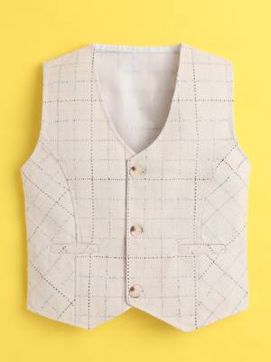 Beige cotton woven sleeveless checks waistcoat 2