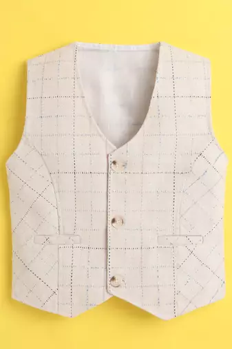 Beige cotton woven sleeveless checks waistcoat