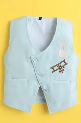 Sky blue velvet woven sleeveless embriodered waistcoat
