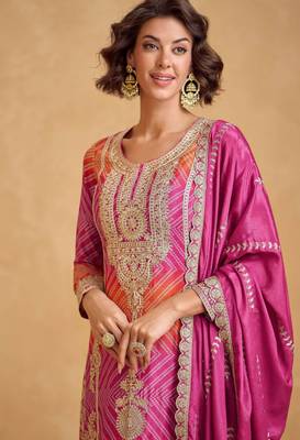 Pink & orange pink embroidery & sequins printed chinnon silk straight palazzo suit-free size stitching (size upto 42") 2
