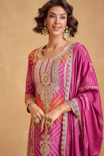 Pink & orange pink embroidery & sequins printed chinnon silk straight palazzo suit-free size stitching (size upto 42")