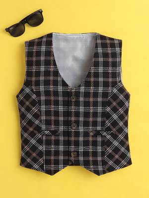 Black cotton woven sleeveless checks waistcoat 1