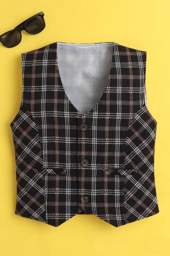 Black cotton woven sleeveless checks waistcoat