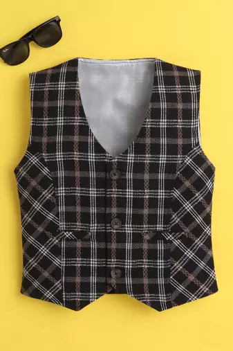 Black cotton woven sleeveless checks waistcoat