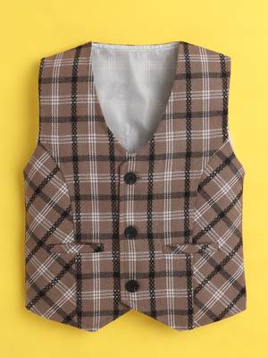 Brown cotton woven sleeveless checks waistcoat 2