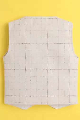 Beige cotton woven sleeveless checks waistcoat