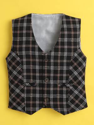 Black cotton woven sleeveless checks waistcoat 2