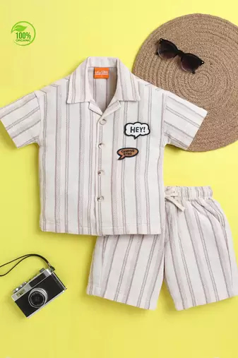 Cream organic cotton woven striped shirt and short set