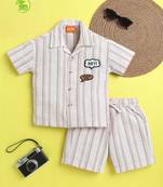 Cream organic cotton woven striped shirt and short set