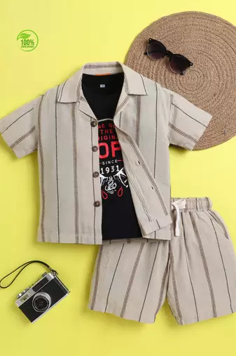 Brown organic cotton woven striped shirt and short set with solid tshirt