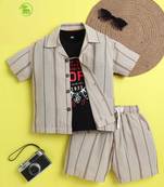 Brown organic cotton woven striped shirt and short set with solid tshirt