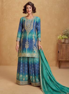 Rama & blue embroidery & sequins printed work chinnon silk straight palazzo suit-free size stitching (size upto 42") 1