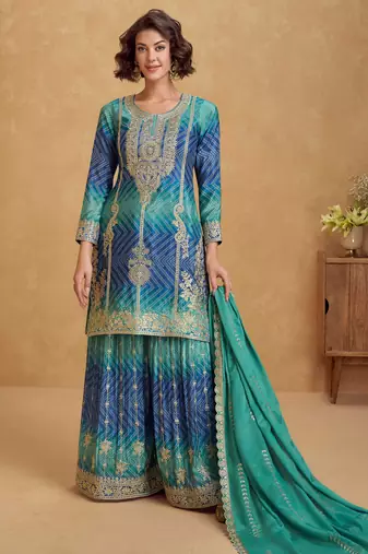 Rama & blue embroidery & sequins printed work chinnon silk straight palazzo suit-free size stitching (size upto 42")