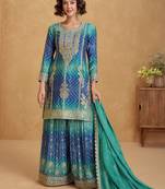 Rama & blue embroidery & sequins printed work chinnon silk straight palazzo suit-free size stitching (size upto 42")