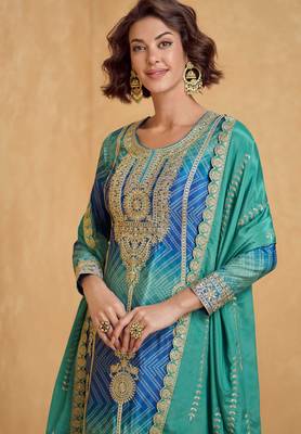 Rama & blue embroidery & sequins printed work chinnon silk straight palazzo suit-free size stitching (size upto 42") 2
