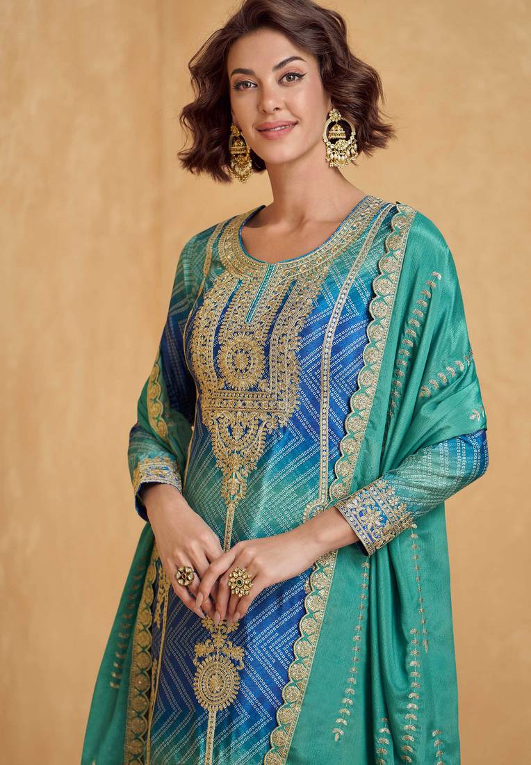 Rama & blue embroidery & sequins printed work chinnon silk straight palazzo suit-free size stitching (size upto 42")