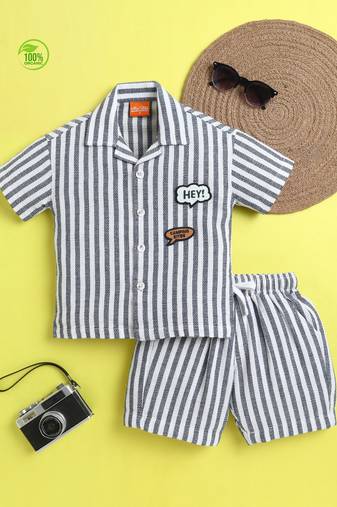 Blue organic cotton woven striped shirt and short set