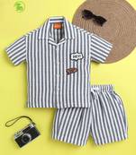 Blue organic cotton woven striped shirt and short set