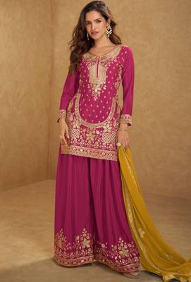 Rani pink embroidery, sequins, mirror & hand work chinnon straight palazzo suit-free size stitching (size upto 42") 1