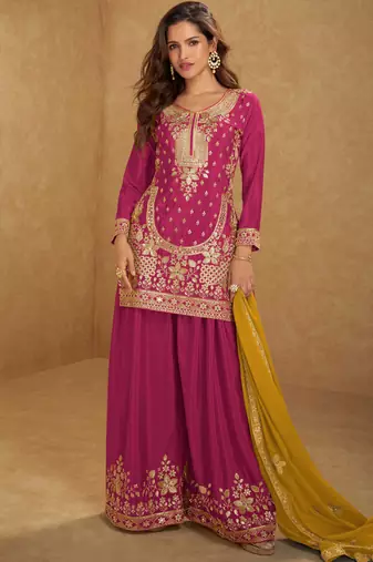 Rani pink embroidery, sequins, mirror & hand work chinnon straight palazzo suit-free size stitching (size upto 42")
