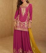 Rani pink embroidery, sequins, mirror & hand work chinnon straight palazzo suit-free size stitching (size upto 42")
