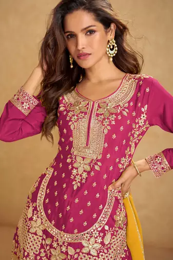 Rani pink embroidery, sequins, mirror & hand work chinnon straight palazzo suit-free size stitching (size upto 42")