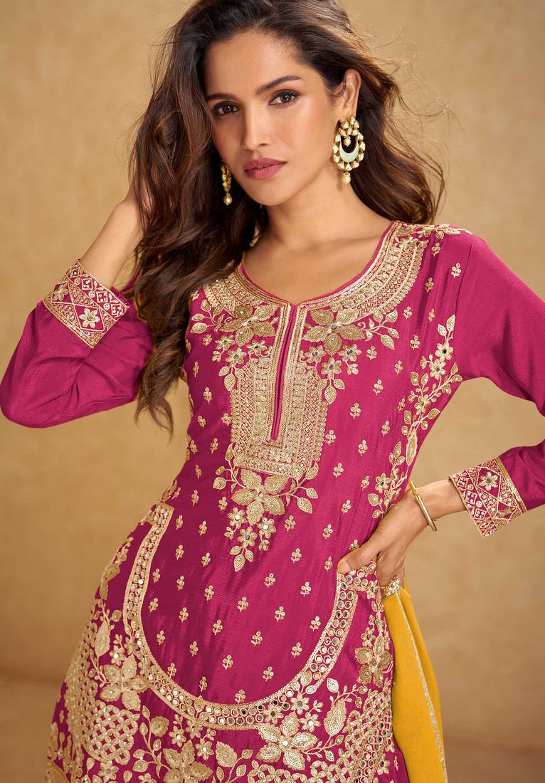 Rani pink embroidery, sequins, mirror & hand work chinnon straight palazzo suit-free size stitching (size upto 42")