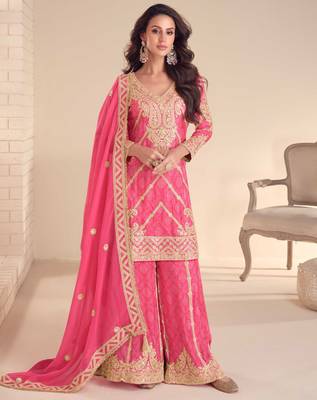 Pink embroidery, sequins, mirror & hand work chinnon straight palazzo suit-free size stitching (size upto 42") 1