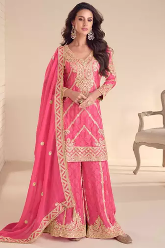 Pink embroidery, sequins, mirror & hand work chinnon straight palazzo suit-free size stitching (size upto 42")