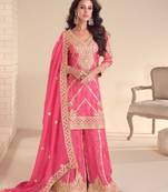 Pink embroidery, sequins, mirror & hand work chinnon straight palazzo suit-free size stitching (size upto 42")