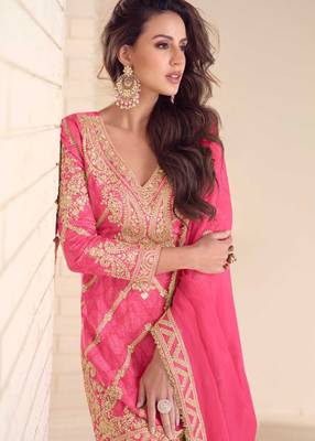 Pink embroidery, sequins, mirror & hand work chinnon straight palazzo suit-free size stitching (size upto 42") 2