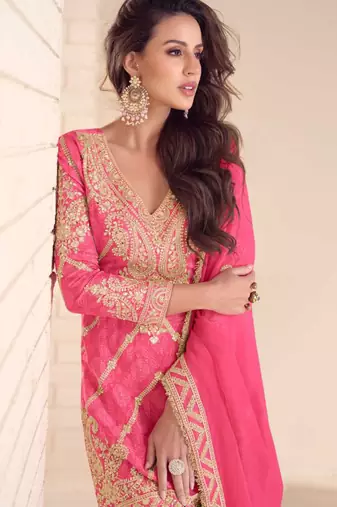Pink embroidery, sequins, mirror & hand work chinnon straight palazzo suit-free size stitching (size upto 42")